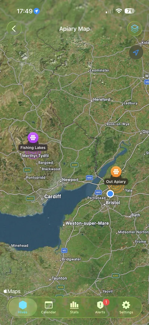 Satellite map with apiary pins and foraging radius