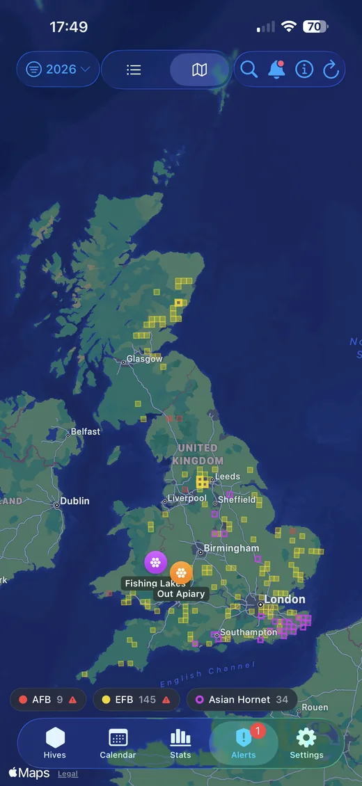UK map of AFB, EFB and Asian Hornet findings