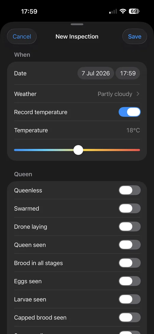 New inspection form with weather, temperature and queen checks